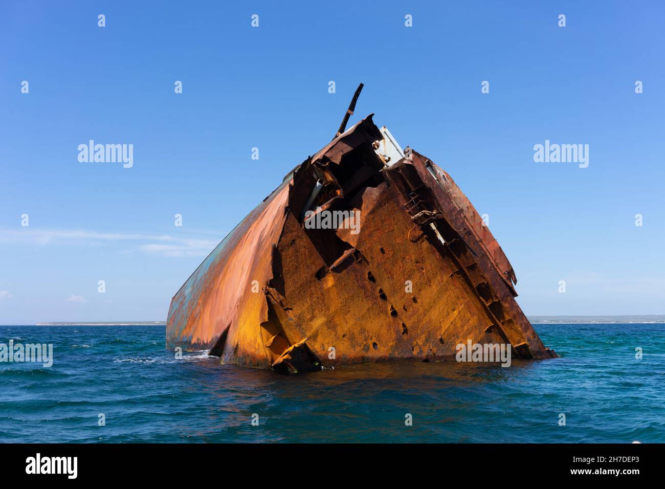 Part of the wreck sticking out of the water off the coast of Tarkhankut, Crimea Stock Photo