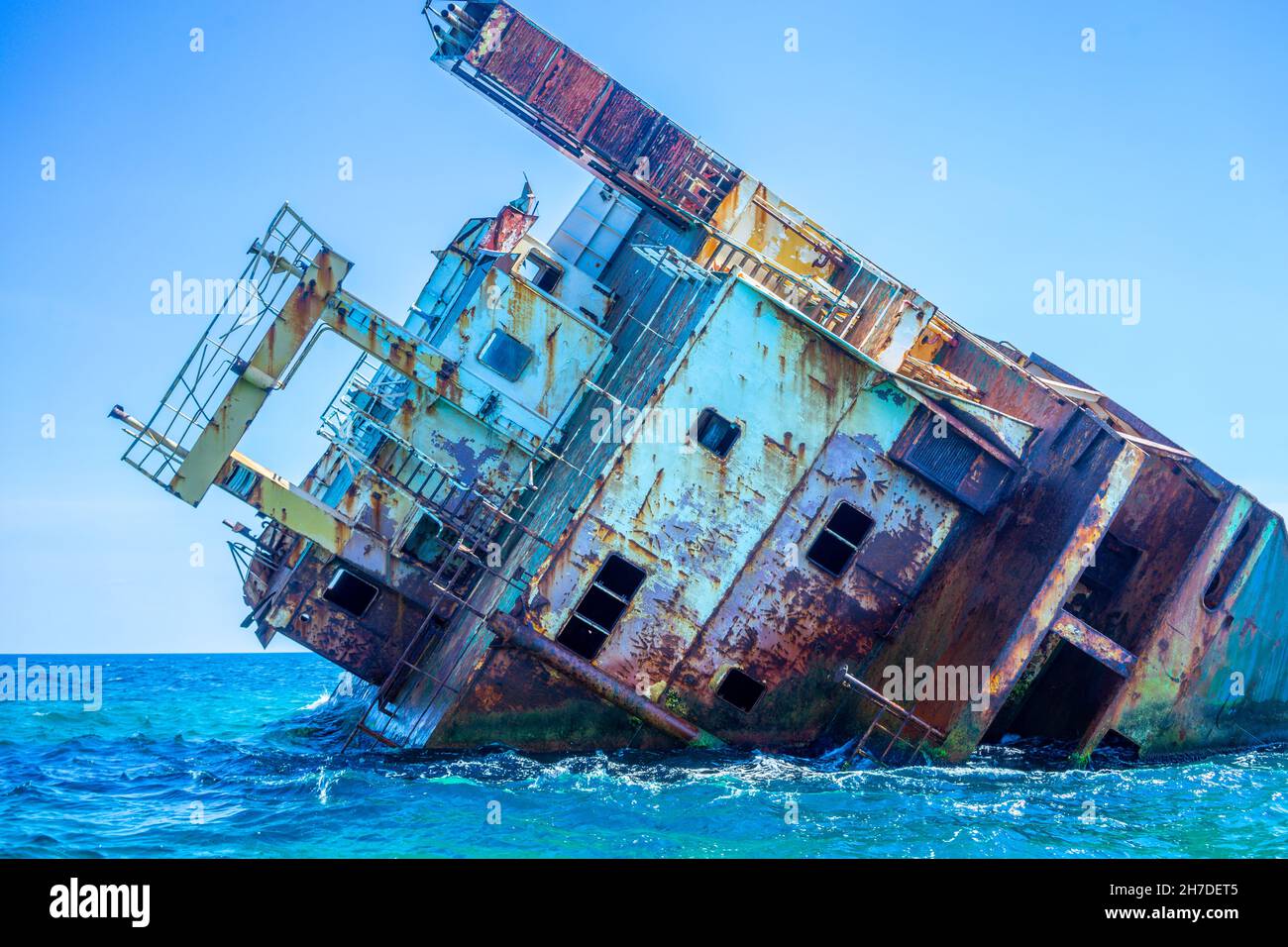 Part of the wreck sticking out of the water off the coast of Tarkhankut, Crimea Stock Photo