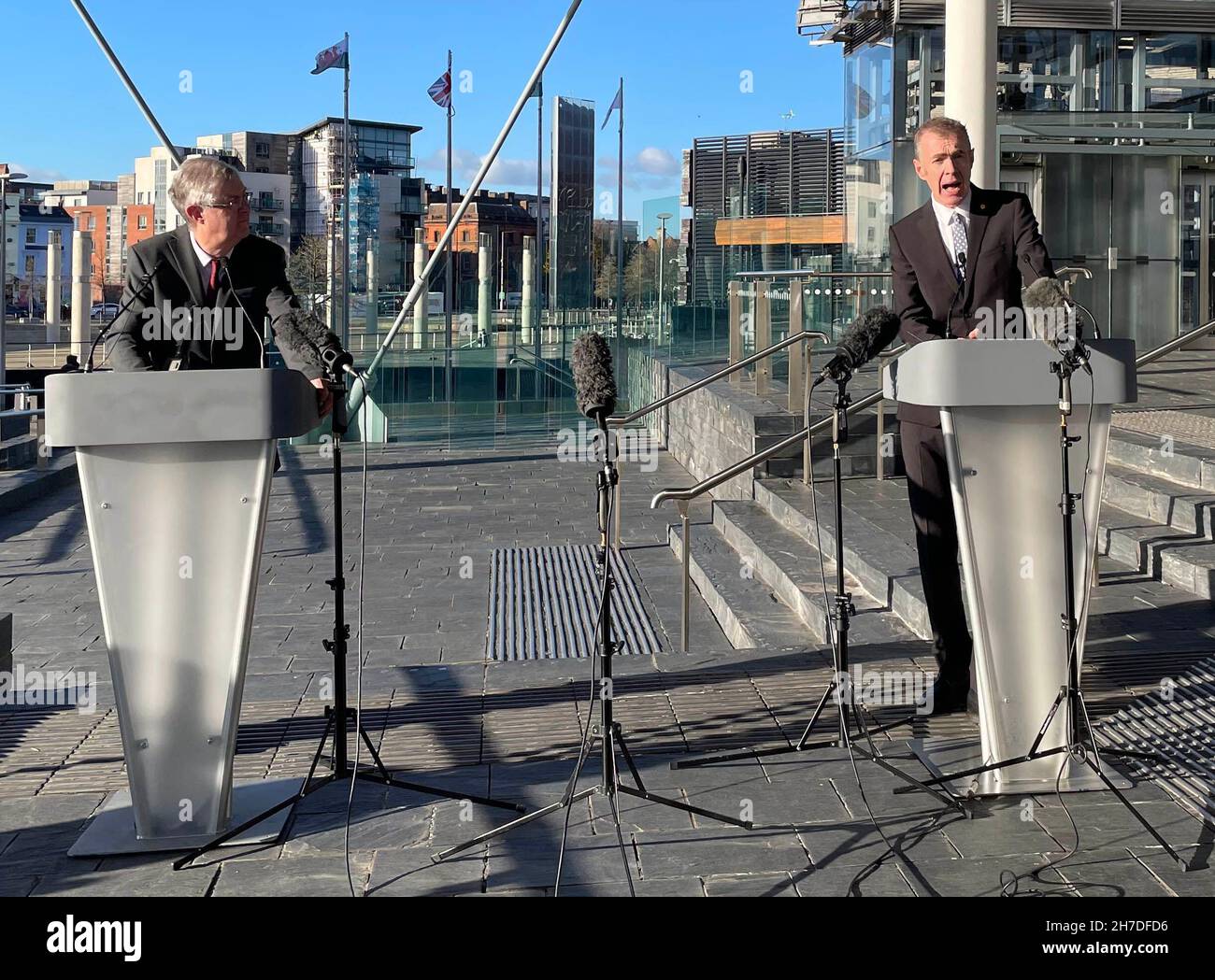 First Minister of Wales, Mark Drakeford (left) and Plaid Cymru leader Adam Price at the Senedd, Cardiff, after announcing their co-operation deal. Picture date: Monday November 22, 2021. Stock Photo