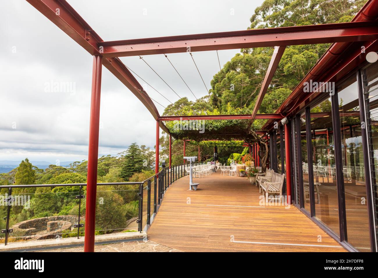 Outdoor terrace of a restaurant in Blue Mountains Botanic Gardens located at Mount Tomah, Blue Mountains, New South Wales. Stock Photo