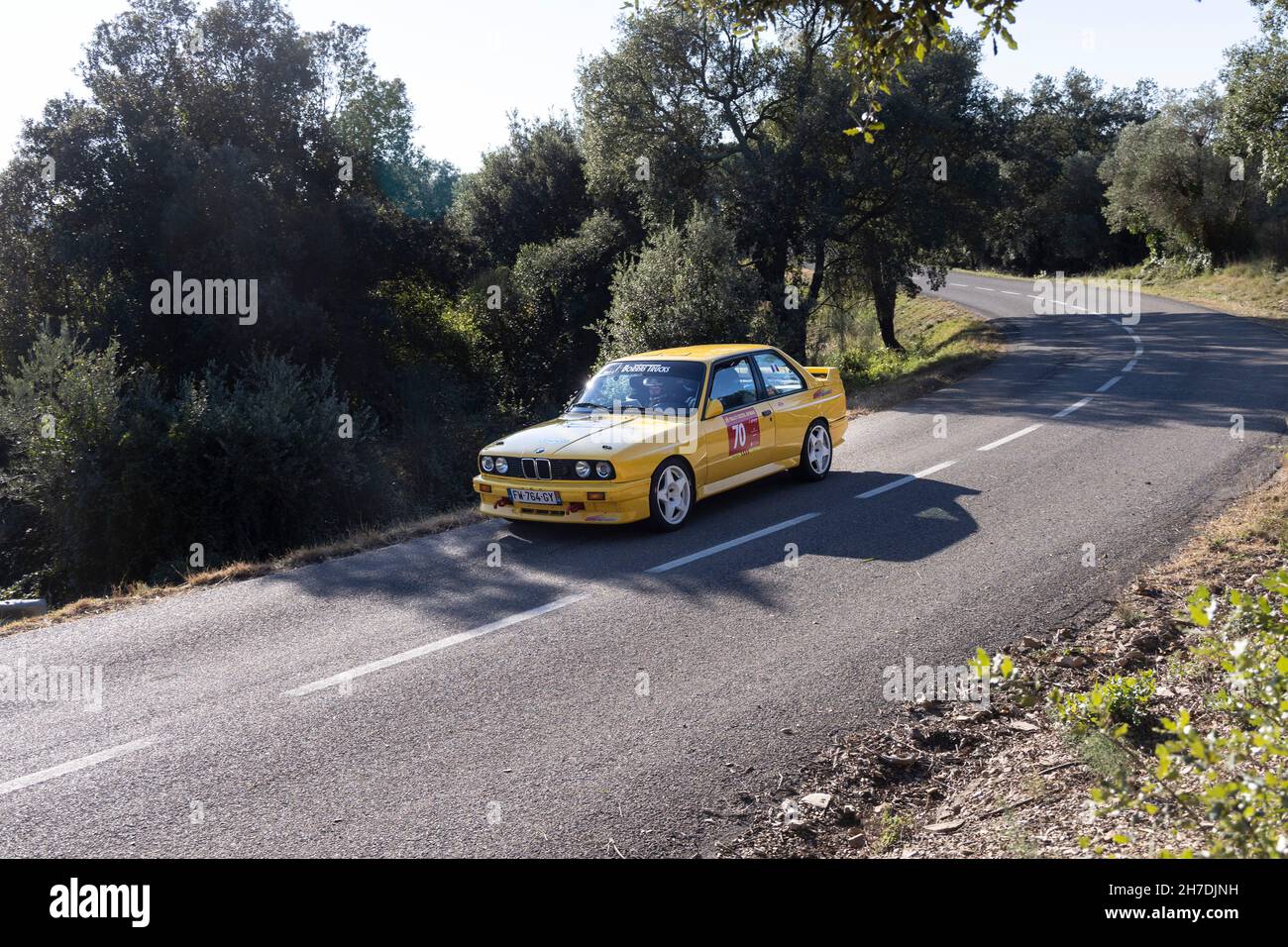 BMW M3 taking part in the timed section of the Rally Costa Brava 2021 in Girona, Spain Stock Photo