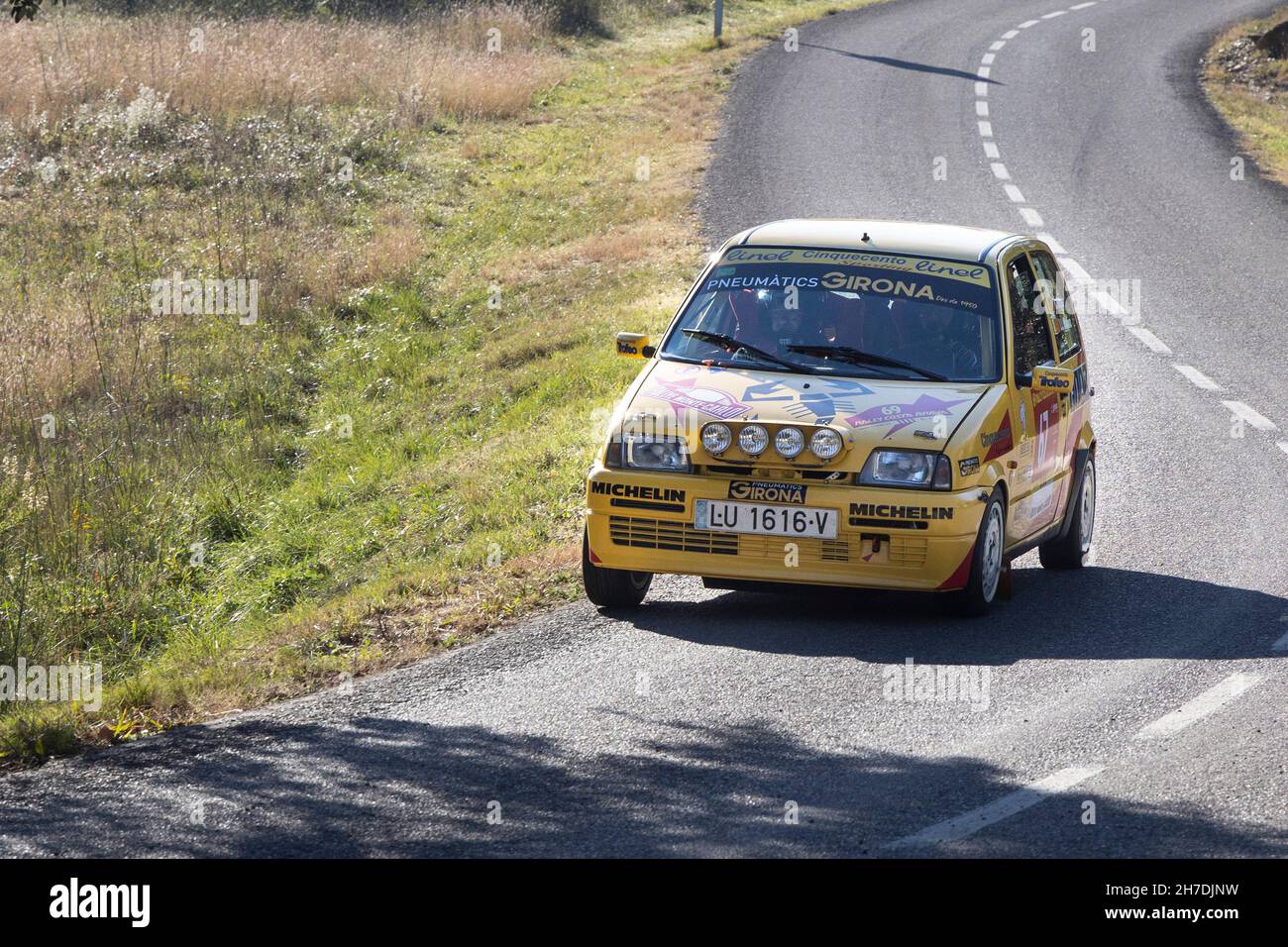 Fiat Cinquecento taking part in the timed section of the Rally Costa Brava 2021 in Girona, Spain Stock Photo
