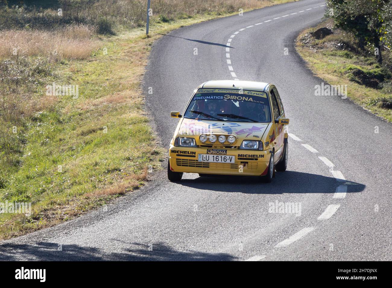 Fiat Cinquecento taking part in the timed section of the Rally Costa Brava 2021 in Girona, Spain Stock Photo