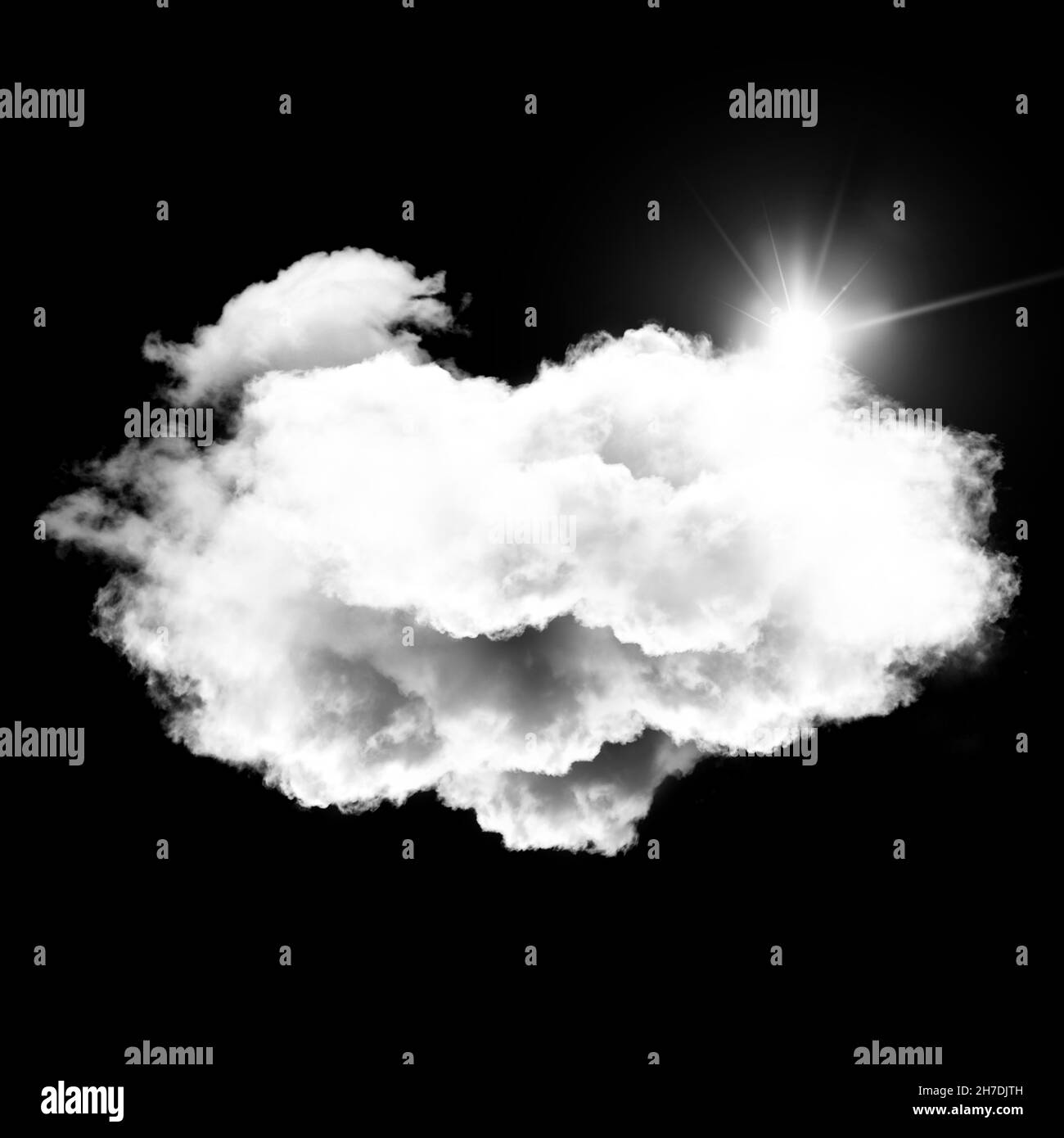 Single white round cloud with sun rays isolated over black background ...