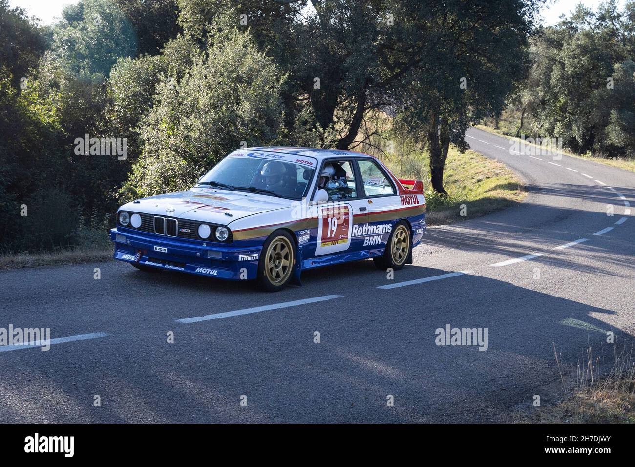 BMW M3 taking part in the timed section of the Rally Costa Brava 2021 in Girona, Spain Stock Photo