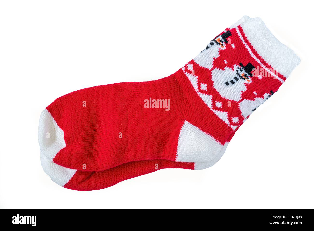 Warm cozy Christmas socks decorated with snowmen. Stock Photo