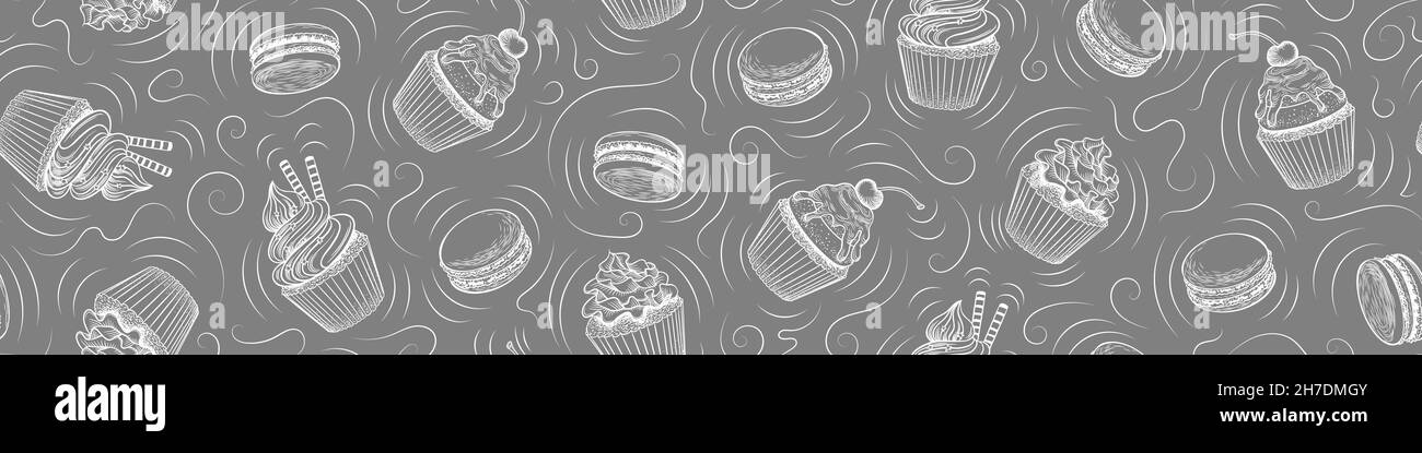 Seamless pattern with sketchy desserts on grey background. Doodle cakes and macaroons horizontal border. Vector illustration. Stock Vector
