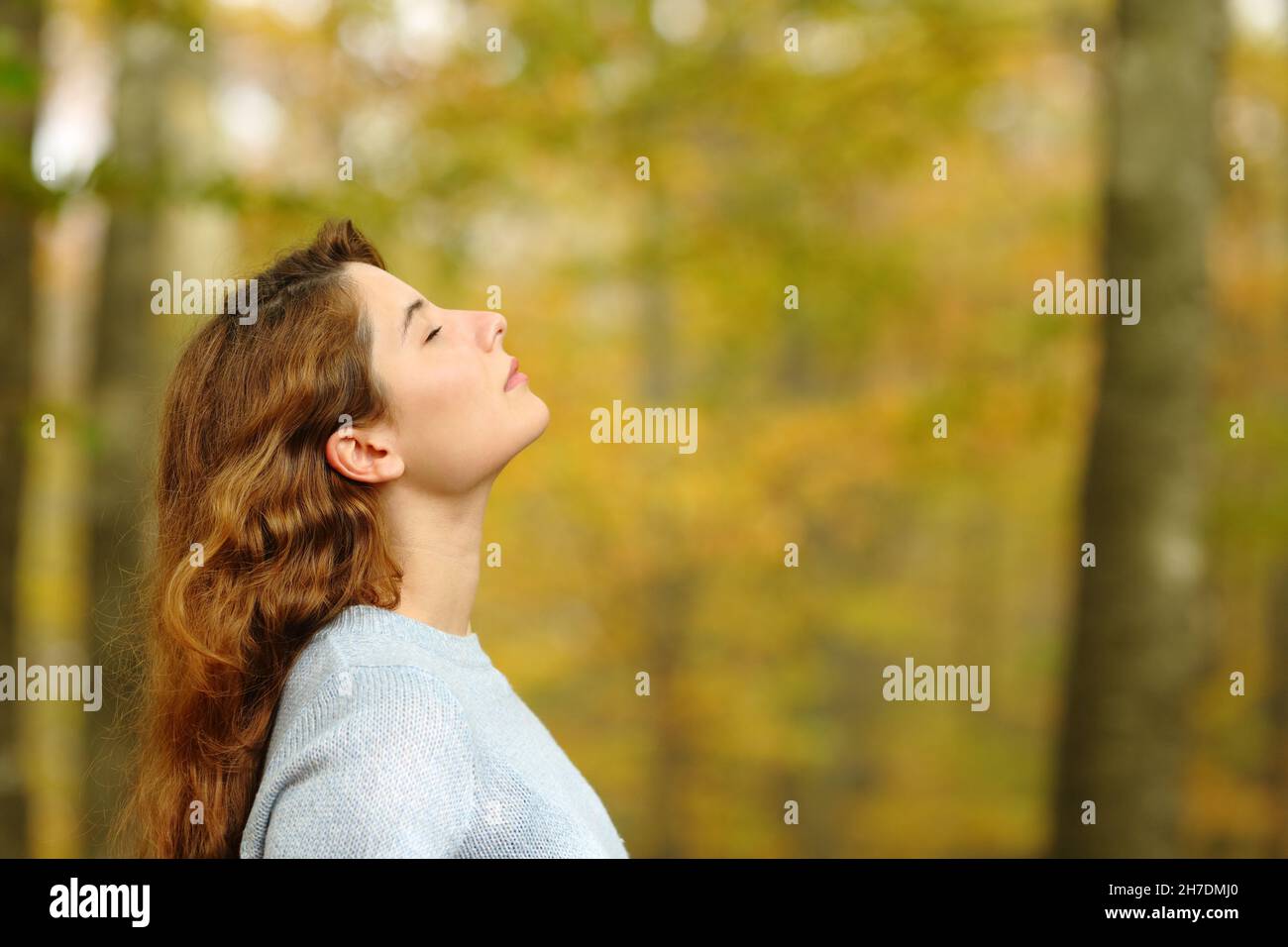 Woman profile relaxing breathing fresh air in a park Stock Photo
