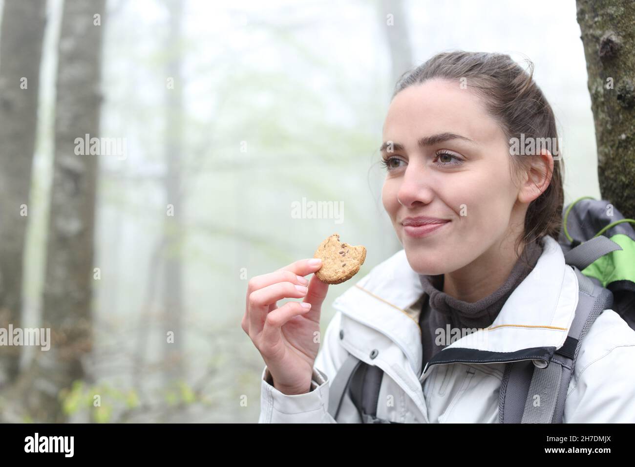 Happy trekker walking eating cookie in a forest Stock Photo