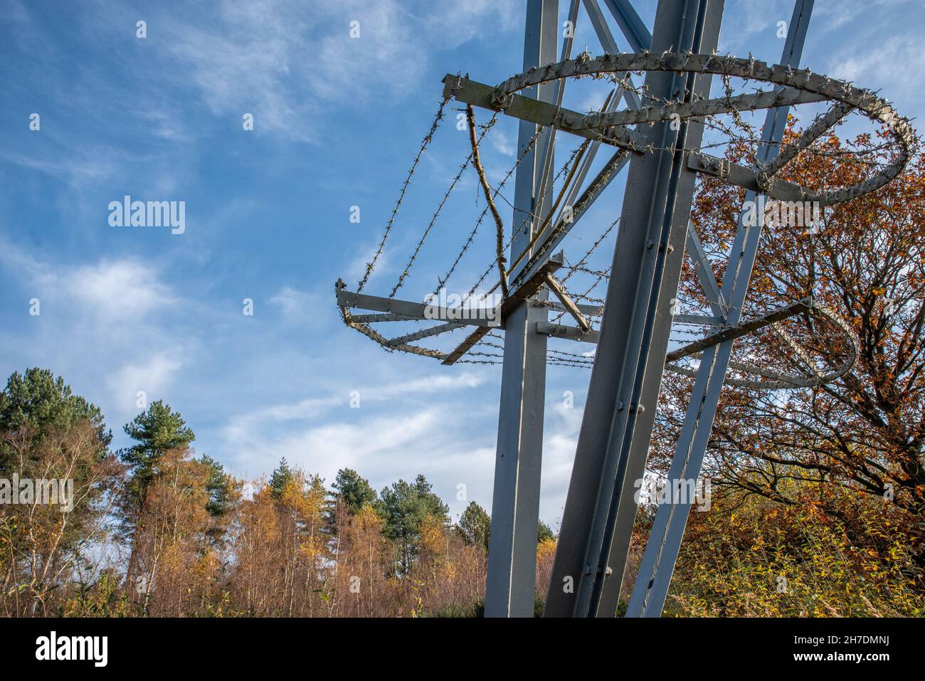 Anti climbing guard on electricity pylon with barbed wire on clear day with blue sky and trees. Stock Photo