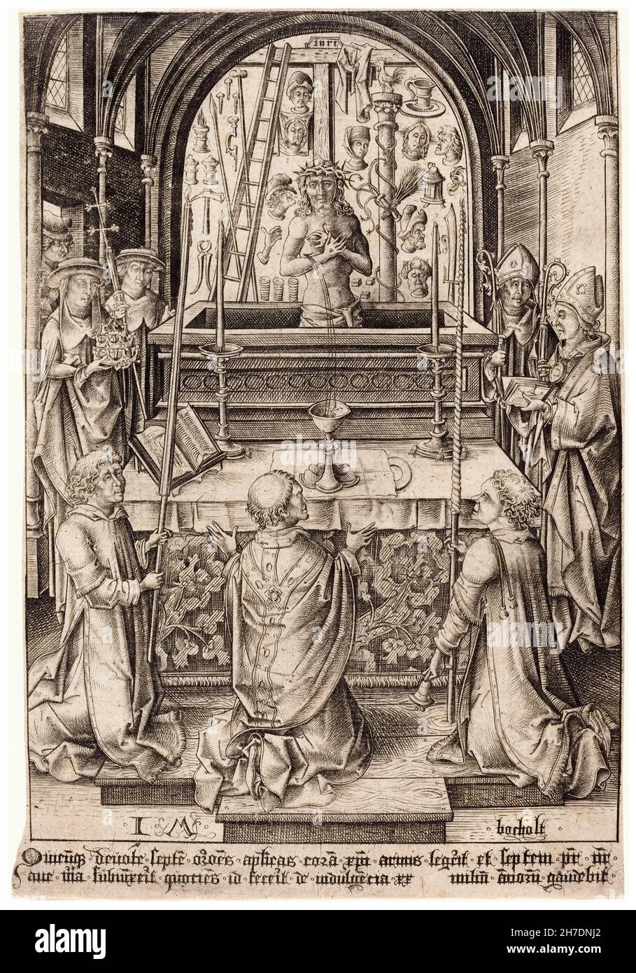 The Mass of Saint Gregory, engraving by Israhel van Meckenem, 1480-1485 Stock Photo