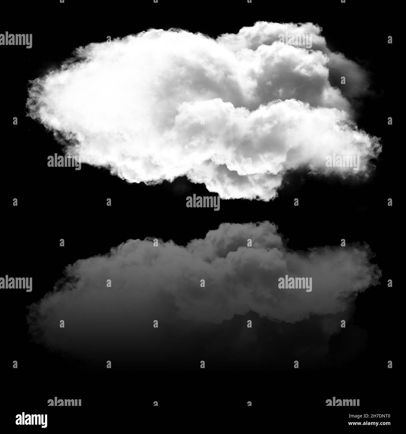Single white fluffy cloud and its reflection isolated over black