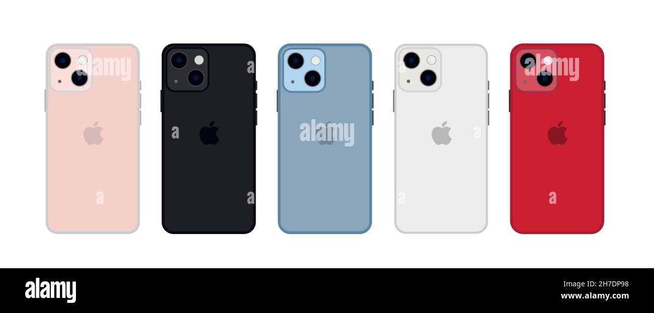 Kiev - November 1, 2022: Set of mockup iphone 13 mini all colours. Isolated on white Stock Vector