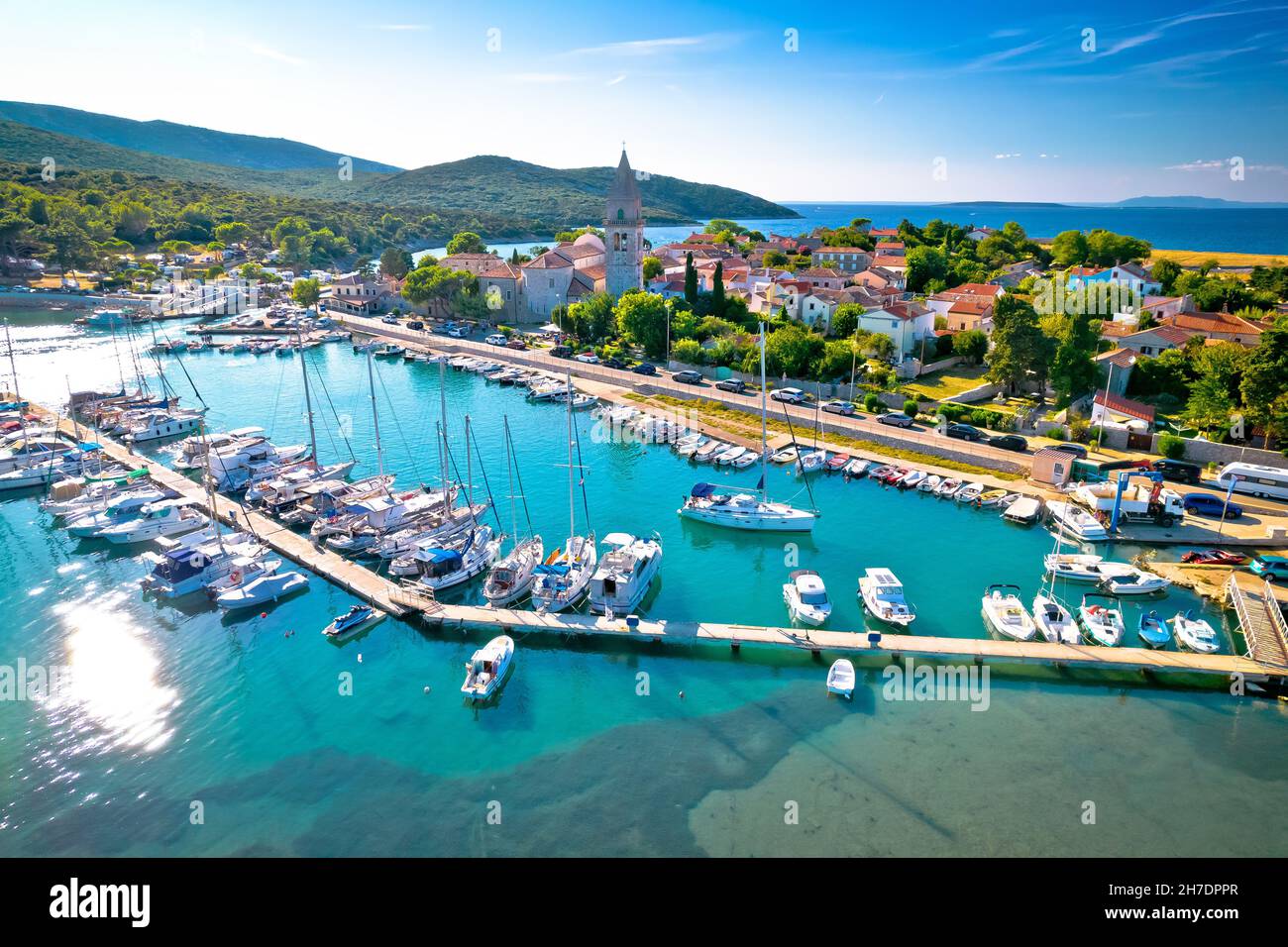 Town of Osor harbor and bridge between Cres and Mali Losinj islands arial view, Adriatic archpelago of Croatia Stock Photo