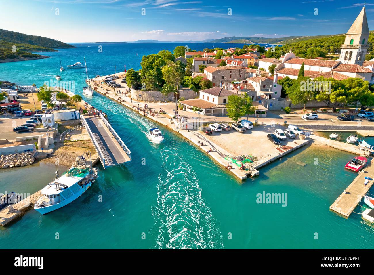 Town of Osor turquoise coast aerial view, bridge between Cres and Mali Losinj islands, Adriatic archpelago of Croatia Stock Photo