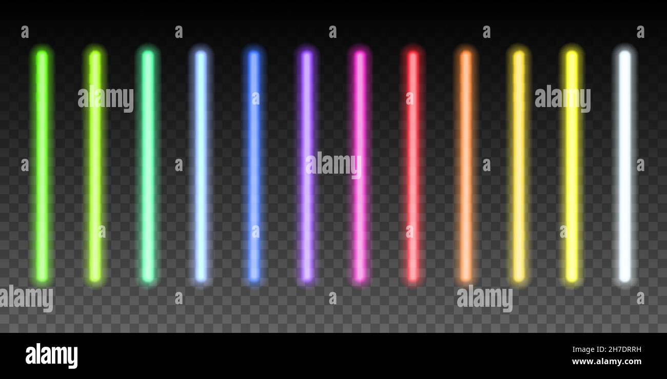 Neon light sticks set on transparent background. Blue, white, yellow