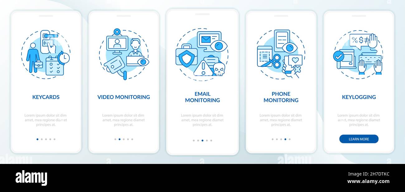 Types of employee monitoring blue onboarding mobile app page screen ...
