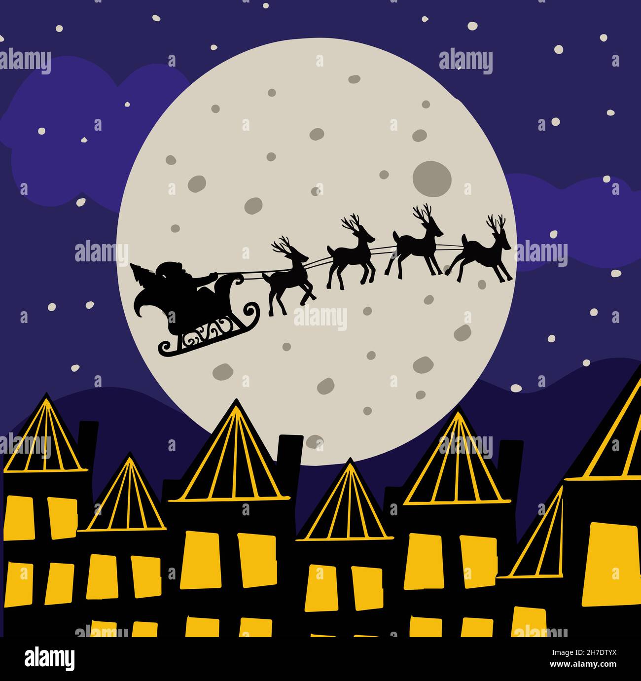 Santa and Reindeer Flying Through a Christmas Night Stock Vector