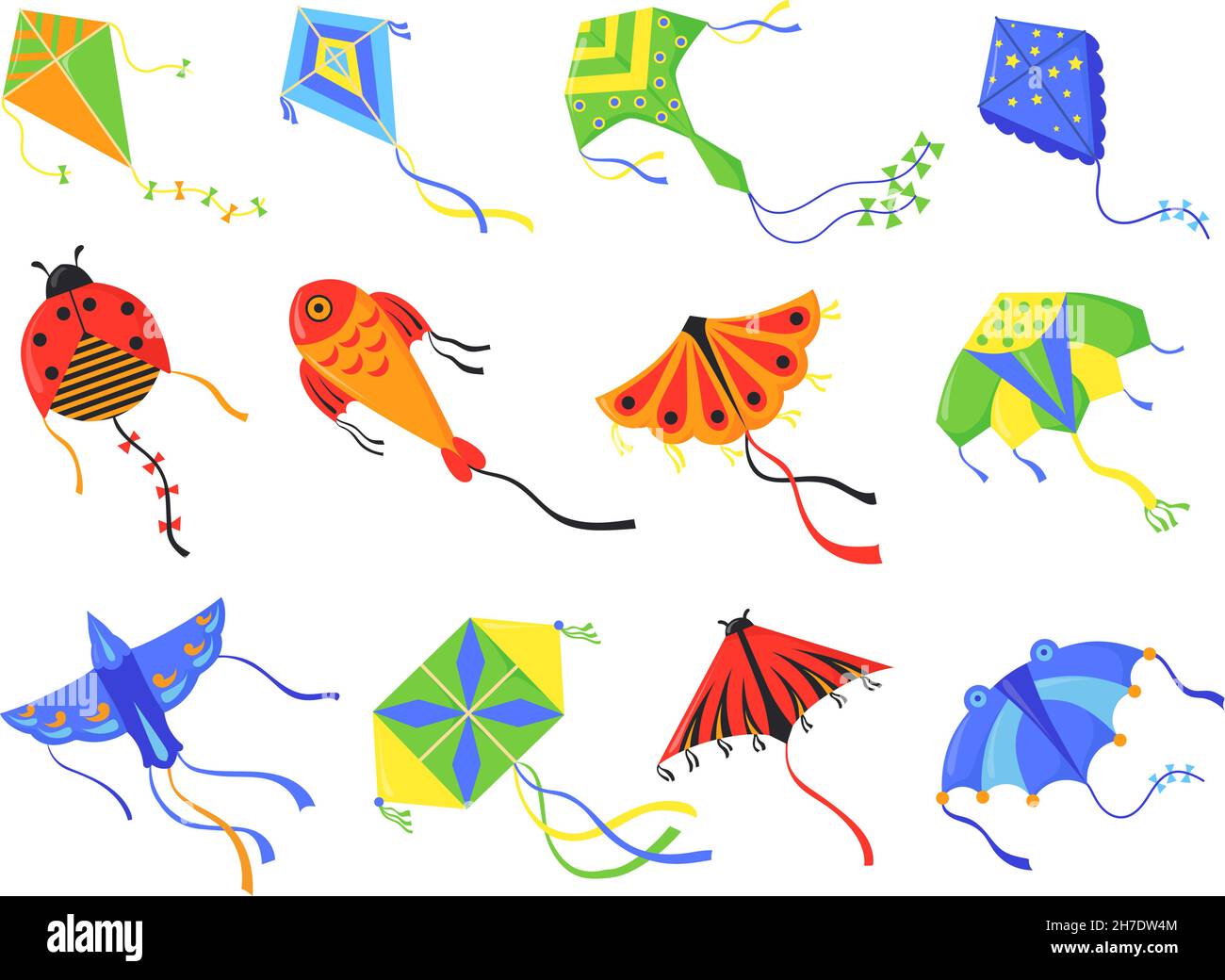 Flying kites. Cartoon colorful festive toys for kids, animals and different types geometric shapes waving in wind, game in sky for summer concepts neat vector illustration. Festival kite entertainment Stock Vector