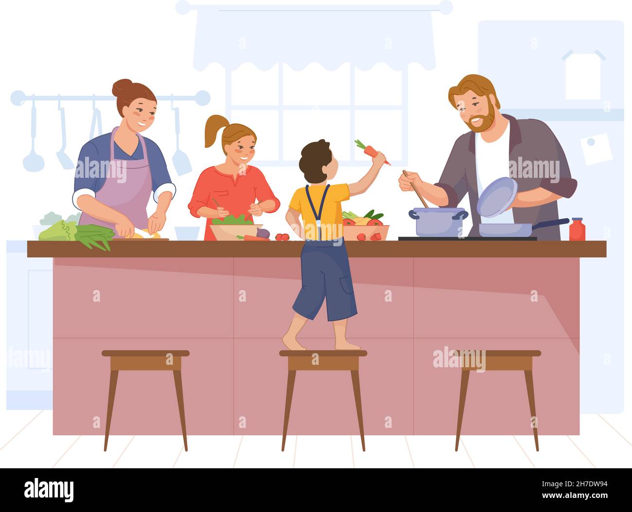 Happy family cooking. Mother, father and kids cook home dinner at