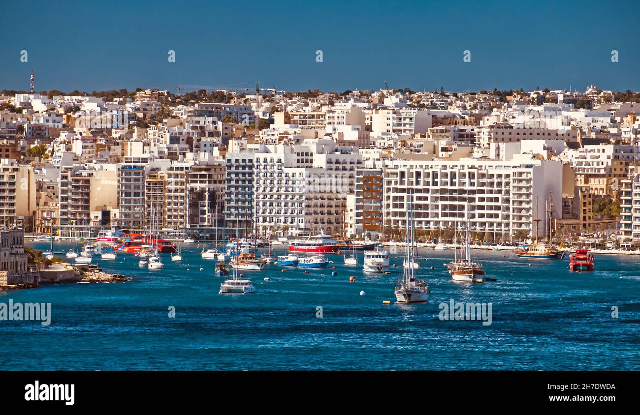 View across the water towards Sliema from Valletta, Malta Stock Photo