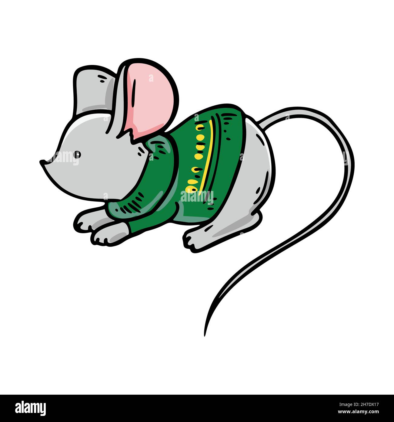 Hand drawn mouse in green sweater. Vector illustration Stock Vector