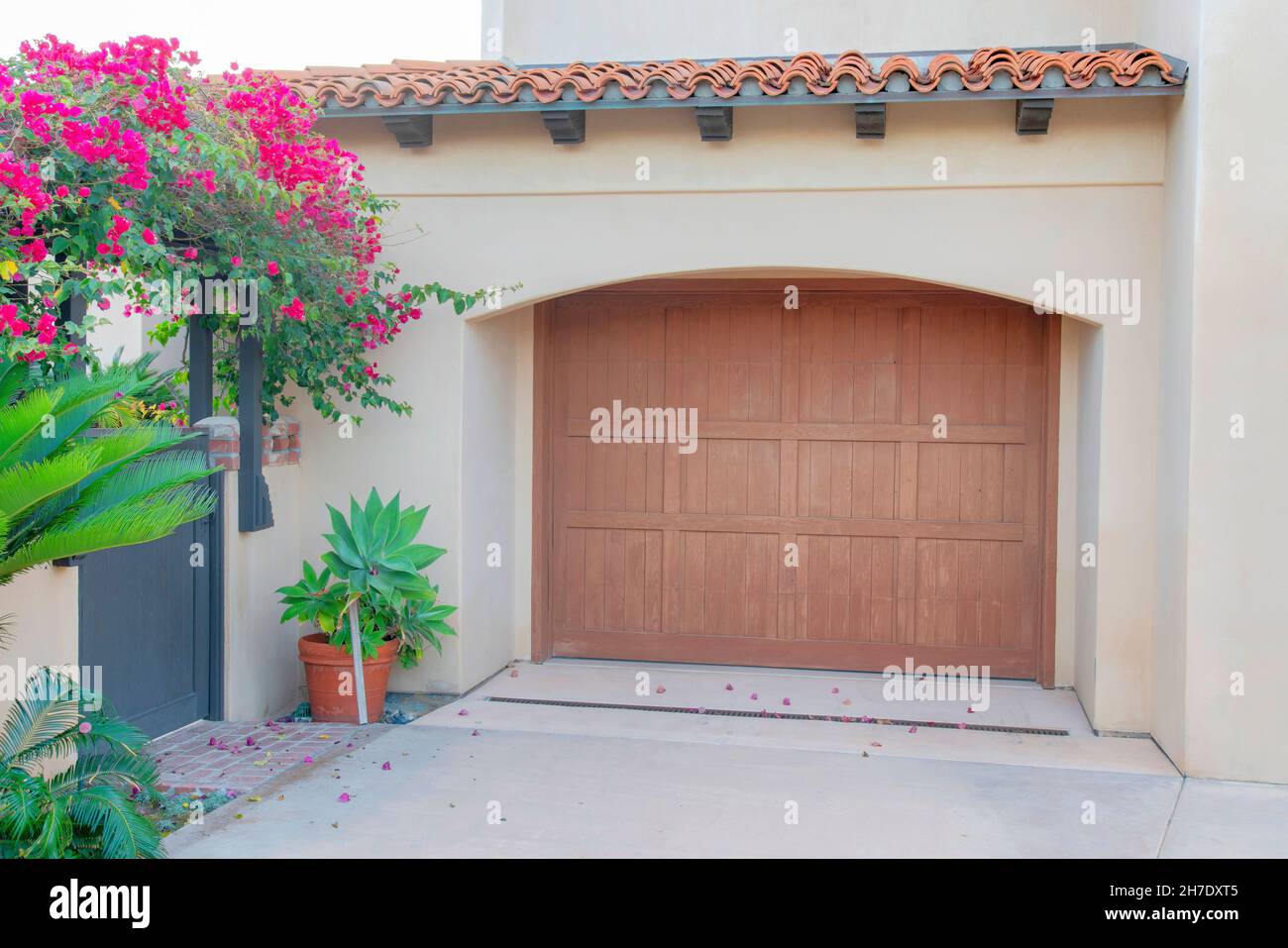 Kakadu mudo auricular Garage exterior with wooden door and arched entrance at La Jolla,  California. Garage exterior with clay tile awnings and gate with  bougainvillea at th Stock Photo - Alamy