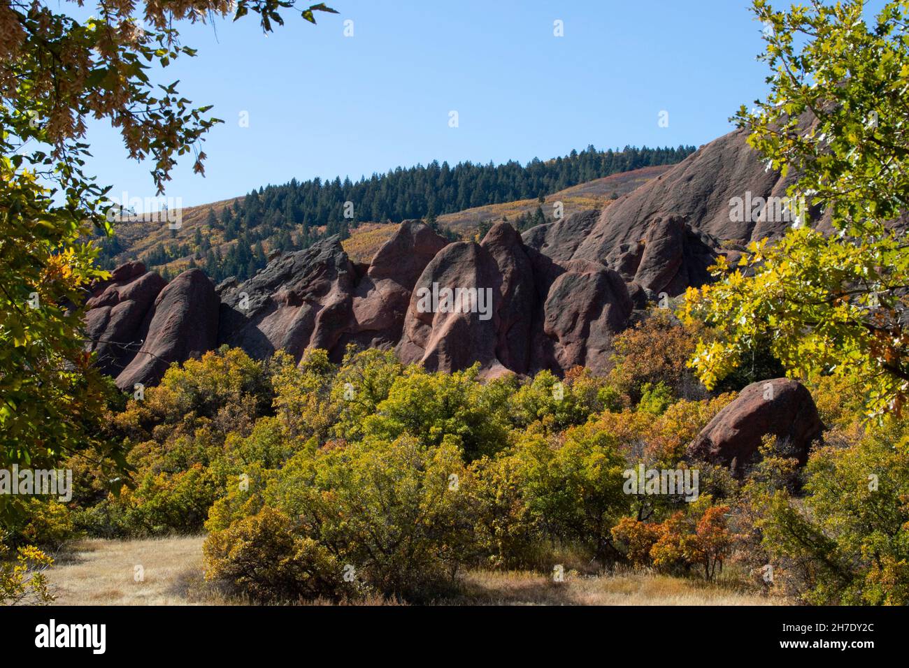 Natural rock formations and autumn color at Roxborough State Park in Douglas County, CO Stock Photo