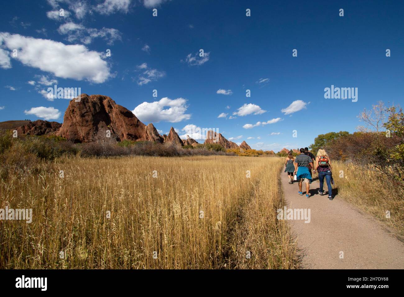 Hikers use the 14-mile trail network of Colorado's scenic and natural Roxborough State Park, USA. Stock Photo