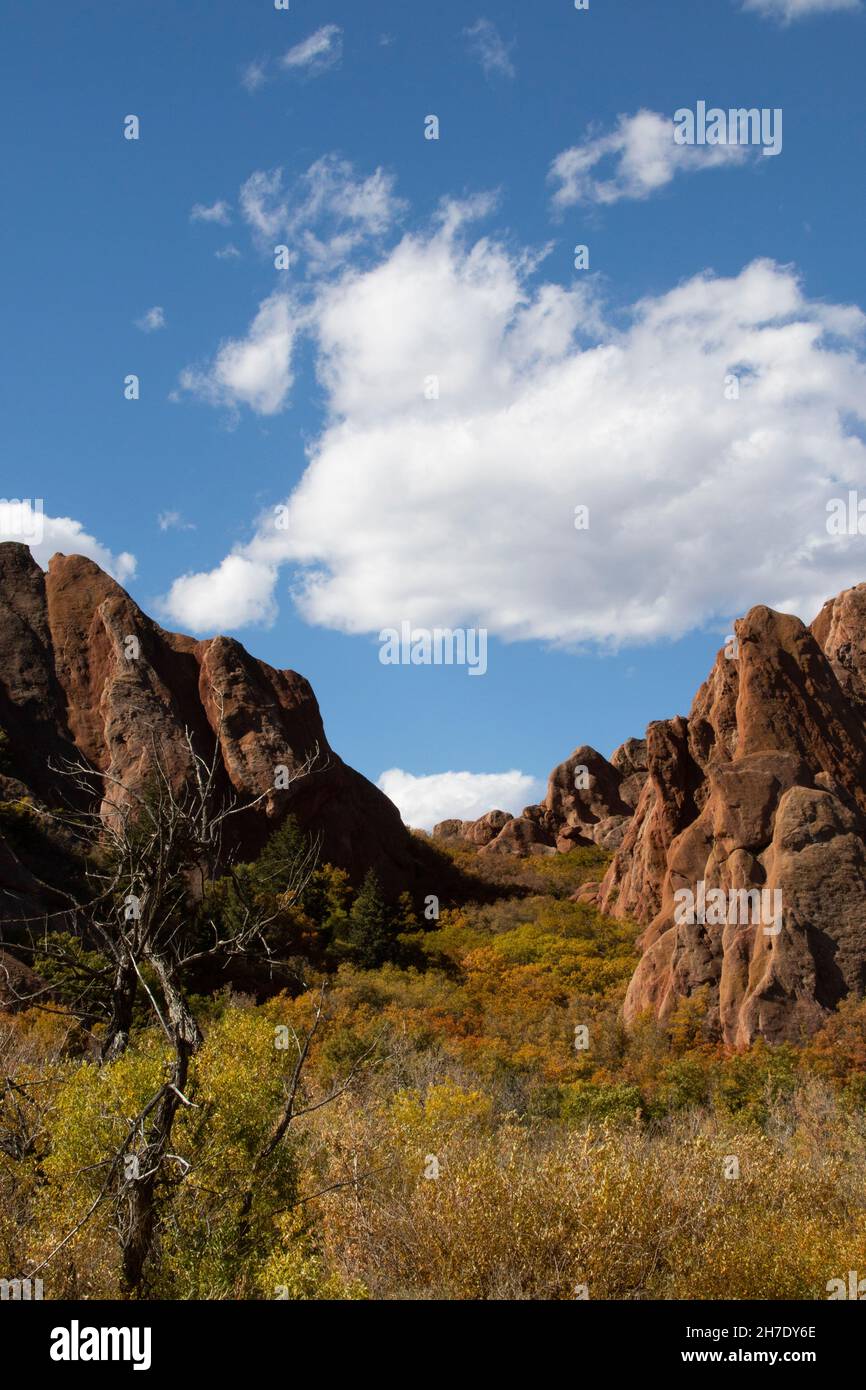 Scenic geologic formations and autumn color at Colorado's Roxborough State Park, USA. Stock Photo