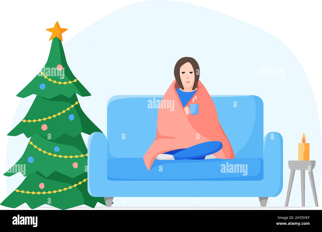 Christmas alone, celebrating at home in isolation. Winter holidays without family and friends. Lonely woman wrapped blanket on sofa with cup. Flat Stock Vector