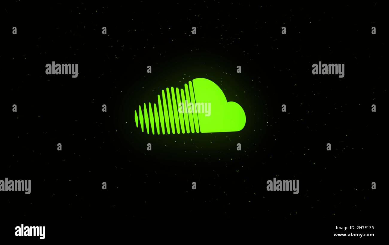 Sound cloud digital space icon animation. Animation. Icon is sprayed on points in cyberspace. Stock Photo