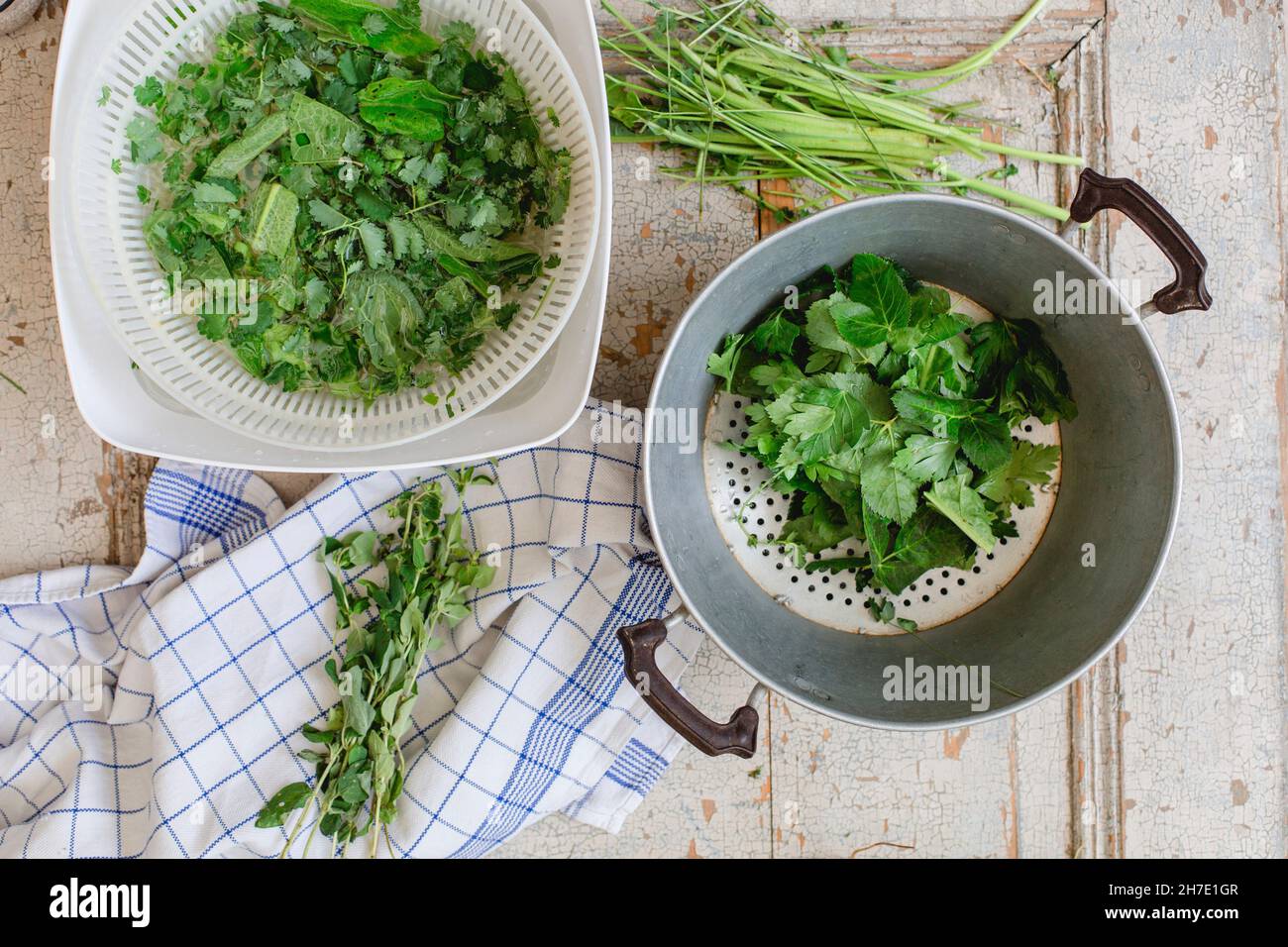 Washed and drained fresh herbs (top view Stock Photo Alamy