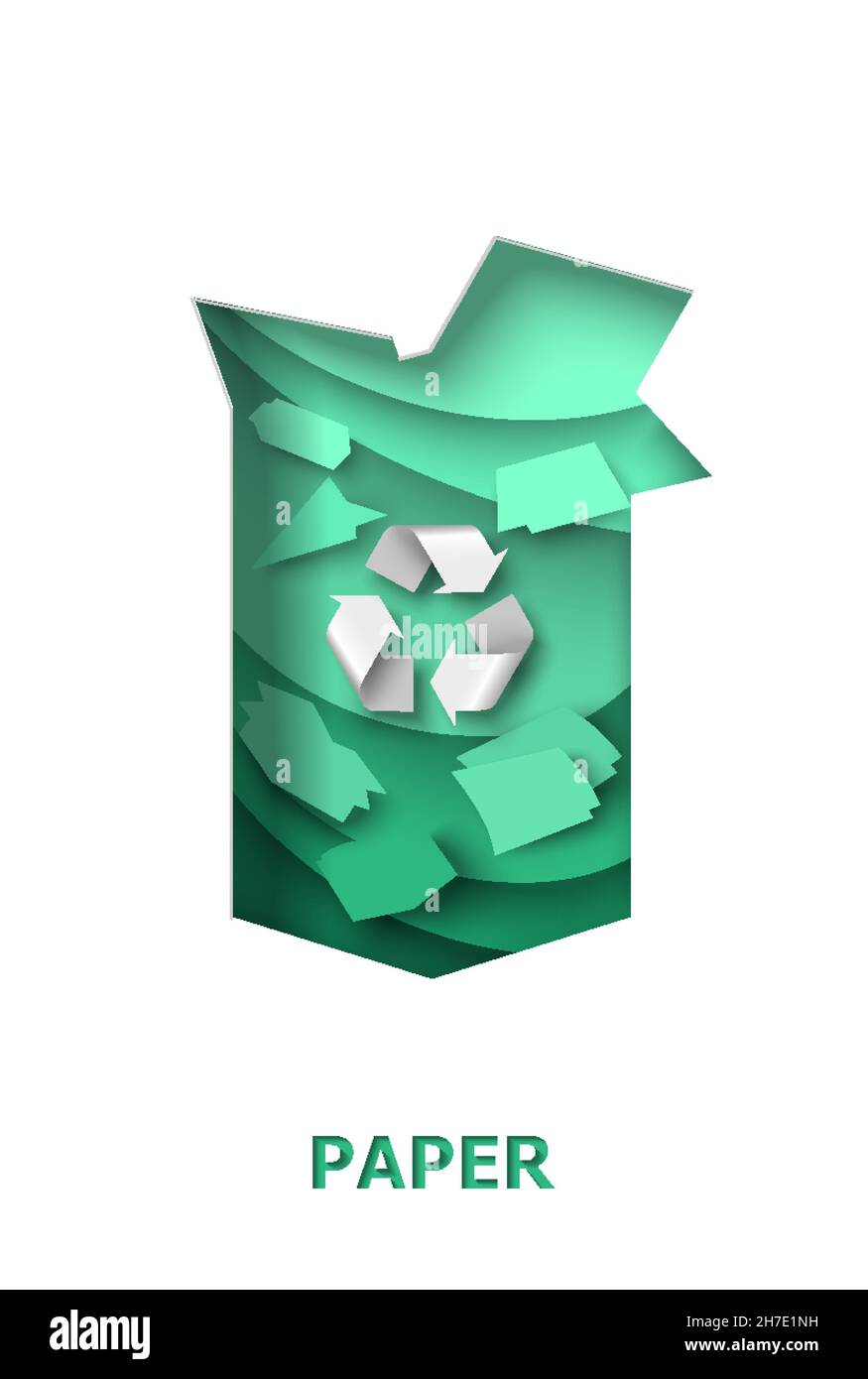 Recycle cardboard box with paper garbage and recyclable material sign, vector paper cut