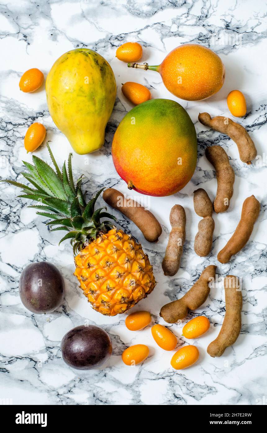 Exotic fruits on a concrete background Stock Photo