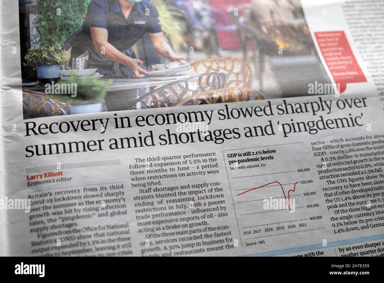 'Recovery in economy slowed sharply over summer amid shortages and 'pingdemic' Guardian newspaper headline covid 19 article 12 November 2021 London UK Stock Photo