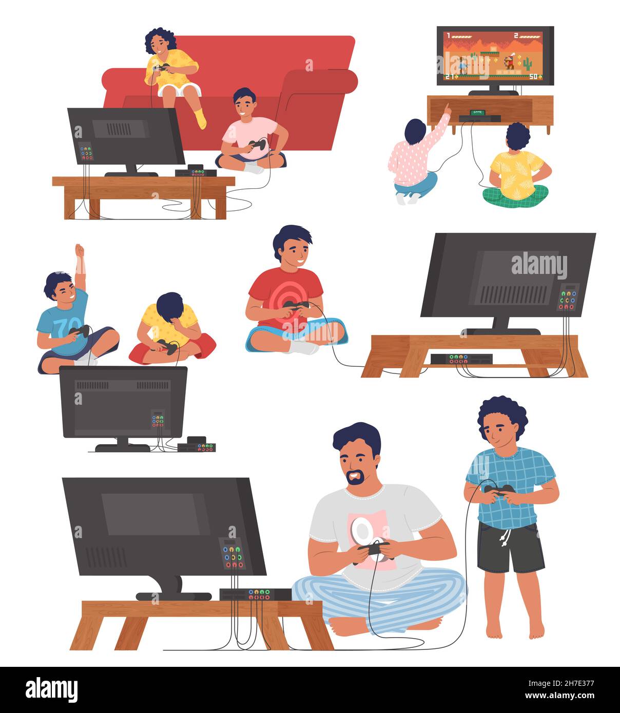 Gamers playing console video games on tv with controllers, vector illustration. Video gaming technologies. Leisure time. Stock Vector