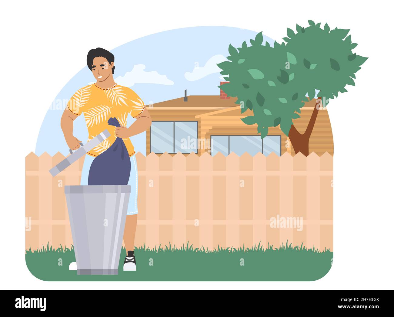 Man throwing garbage bag into trash can, vector illustration. Housework