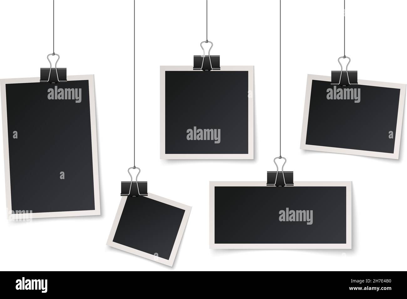 Frames hang on clips. Picture hanging, photos frame on string. Blank