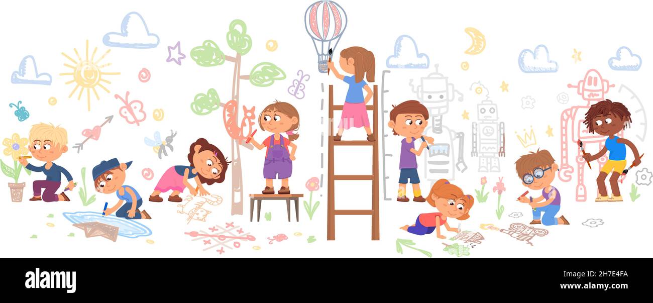 https://c8.alamy.com/comp/2H7E4FA/children-drawing-child-painting-on-floor-colorful-kindergarten-group-preschool-kids-with-crayon-and-markers-flat-cute-toddler-play-decent-vector-2H7E4FA.jpg