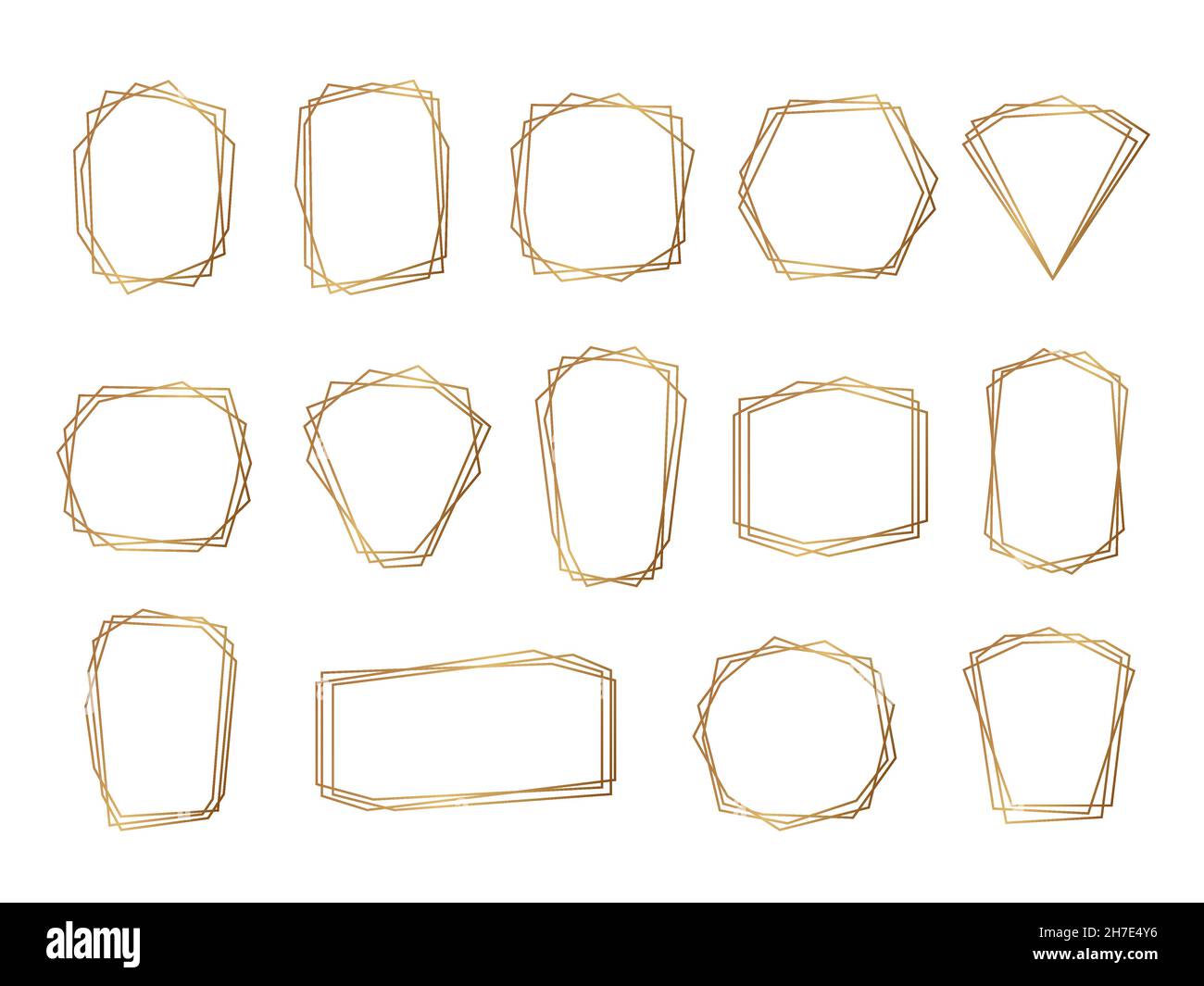 Gold polygonal frames. Golden hexagon frame, diamonds polygon decorative elements. Isolated