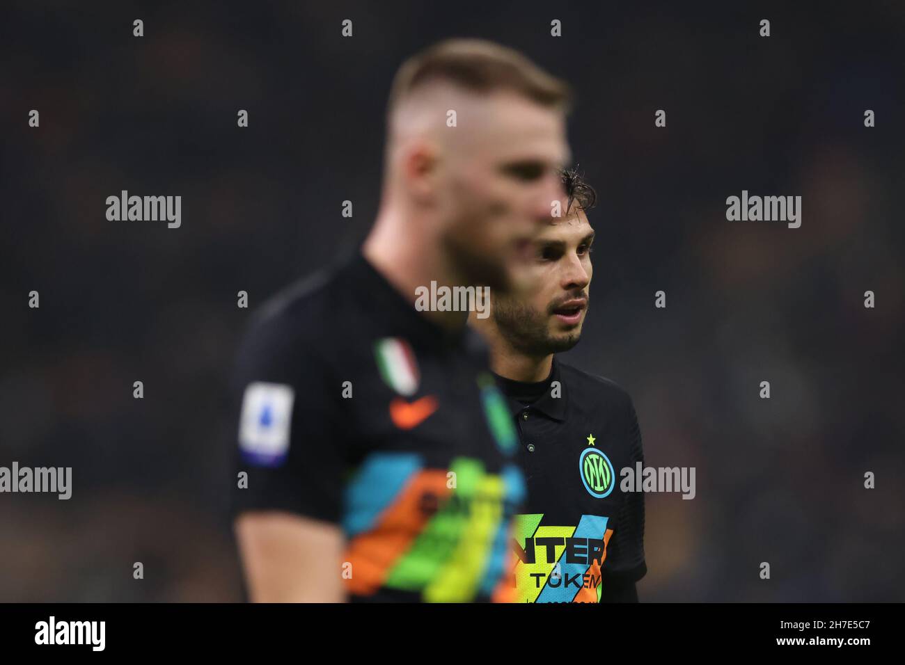 Milan, Italy. 21st Nov, 2021. Andrea Ranocchia of FC Internazionale looks on from behind defensive partner Milan Skriniar during the Serie A match at Giuseppe Meazza, Milan. Picture credit should read: Jonathan Moscrop/Sportimage Credit: Sportimage/Alamy Live News Credit: Sportimage/Alamy Live News Stock Photo