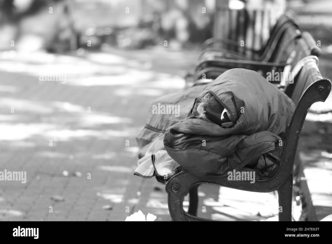 Grayscale shot of a homeless person sleeping on the bench in the park Stock Photo Alamy