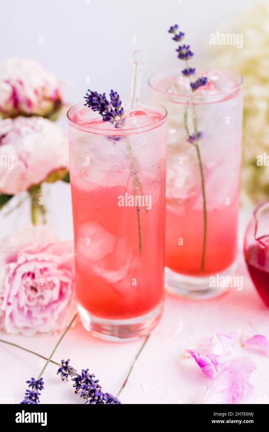 Gin Tonic with blackberry syrup and lavender blossoms Stock Photo