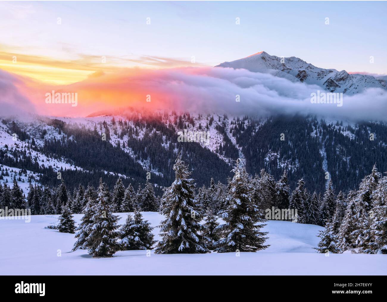 Winter. Amazing sunrise. Landscape of high mountains with snow white