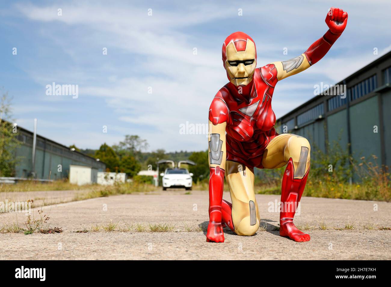 From the Colored Bodies Calendar 2022 - Geek Art-Bodypainting and Transformaking: Iron Woman Photoshooting with Renée Meinhold on the elektroma site in Hamelin. A project by the photographer Tschiponnique Skupin and the bodypainter Enrico Lein. Stock Photo