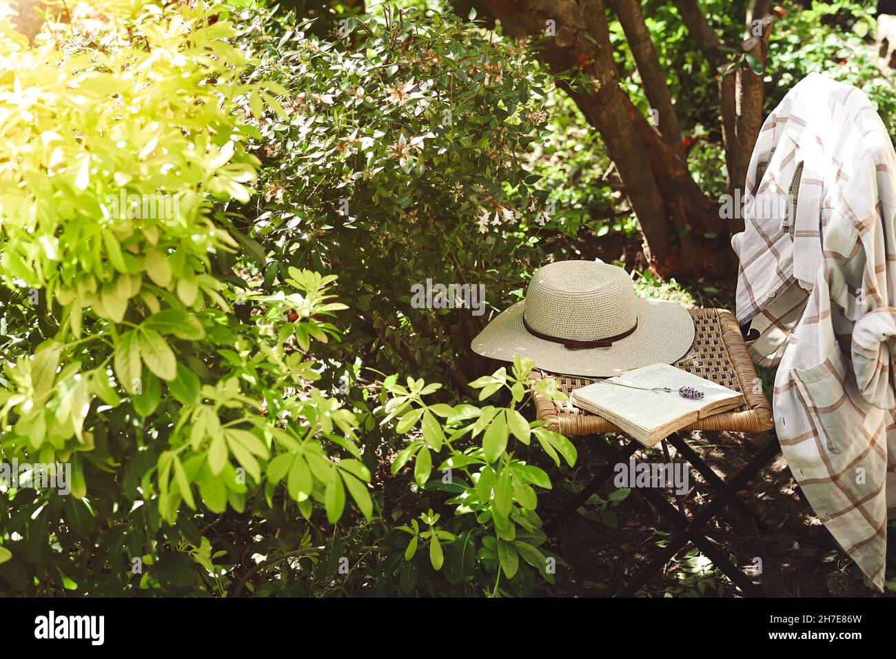 An open book and women's summer hat on old wicker chair in garden ...