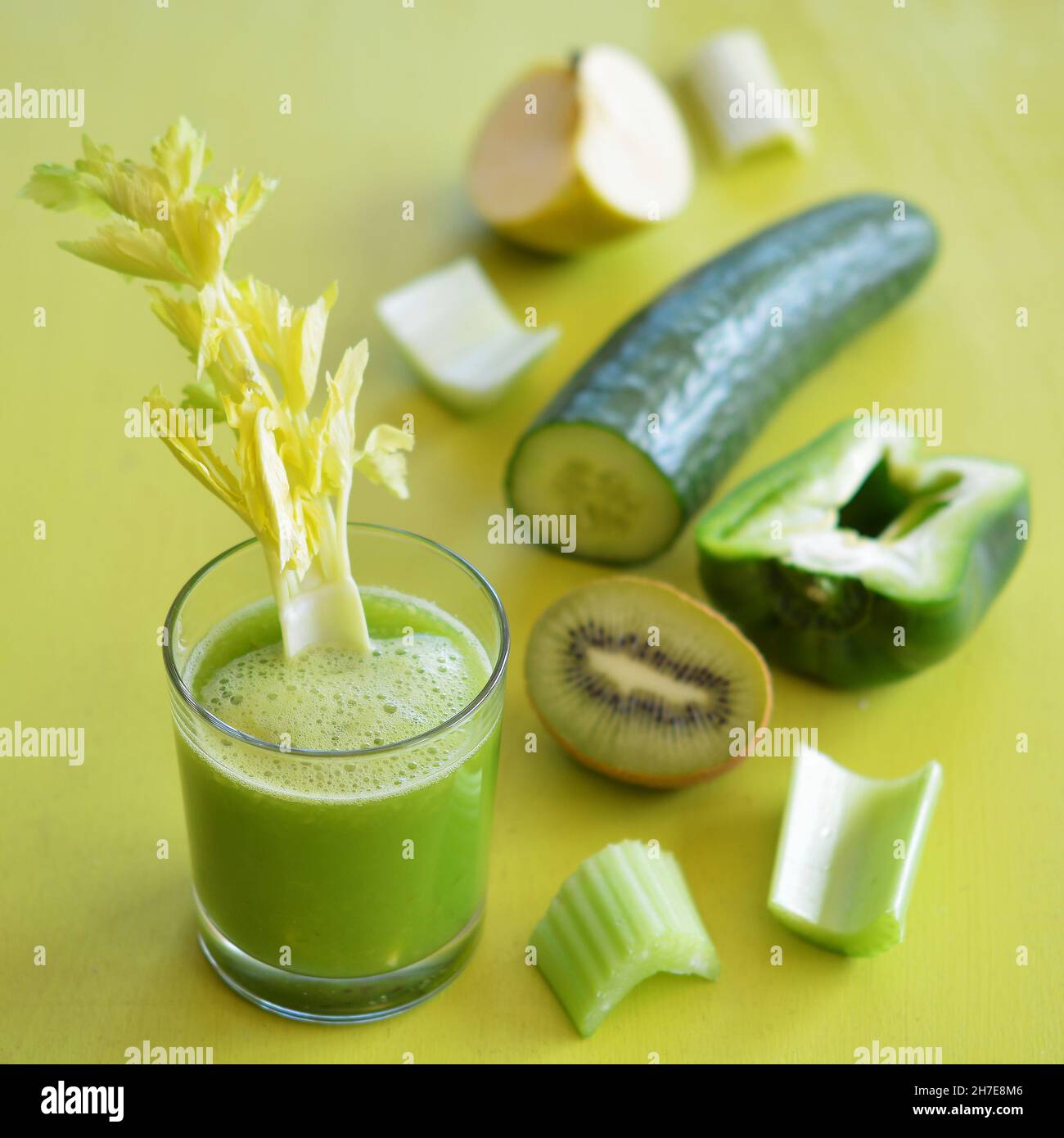 Freshly squeezed green juice from fruit and vegetables Stock Photo