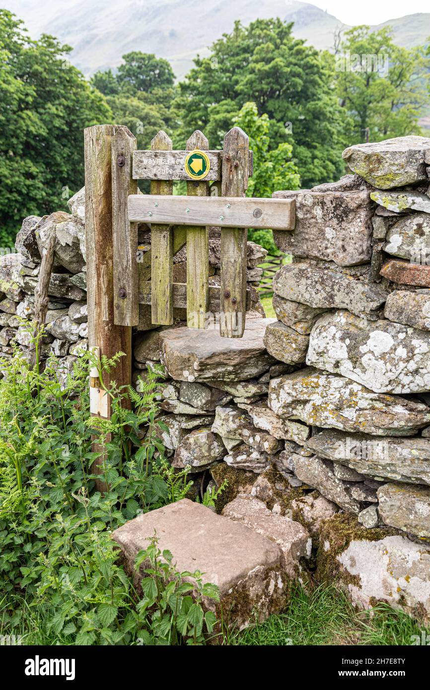 A curious half gate through a dry stone wall on a public footpath in the English Lake District at Martindale, Cumbria UK Stock Photo