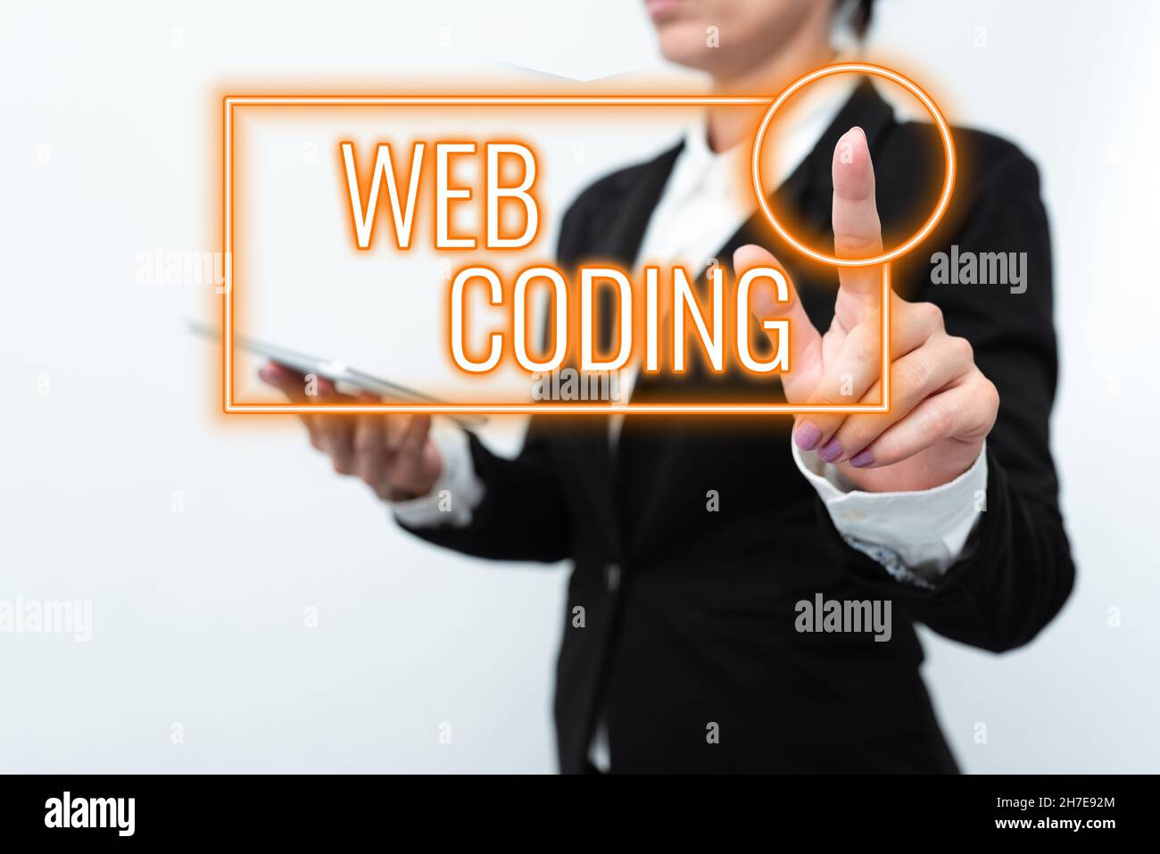 Writing displaying text Web Coding. Business overview work involved in developing a web site for the Internet Presenting New Technology Ideas Stock Photo